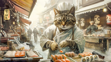 Cat in sushi chef role , Fantasy animal theme .