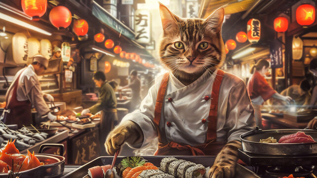 Cat in sushi chef role , Fantasy animal theme .