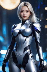 A girl wearing a cyber suit, with long white hair, poses for a photo in a dark room with lights.