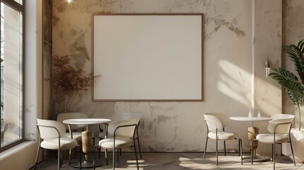 A modern cafe interior with a blank poster on the wall, stylish furniture, and beige color scheme, concept of advertising space. 3D Rendering