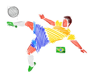 Drawing of man soccer player dominating the ball made from sketch-style brush strokes