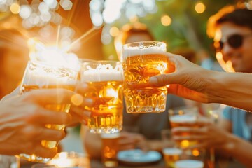 a group of people gather around a wooden table, holding tall glasses of beer in their hands one person wears a blue shirt and dark sunglasses, while another person's hand is visible