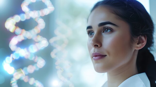 Female Geneticists Portrait with DNA Helix, Geneticists, portrait, DNA helix