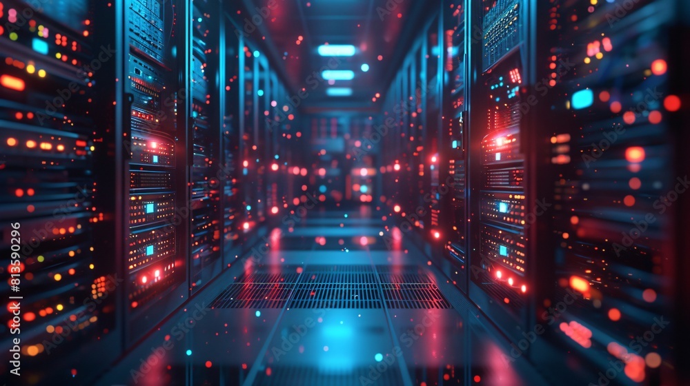 Poster a high-tech data center, with rows of glowing servers and high-capacity network solutions.