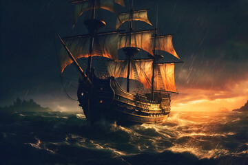 Obraz premium Old medieval sailing ship pirate galleon on the sea waves at night. AI generated.