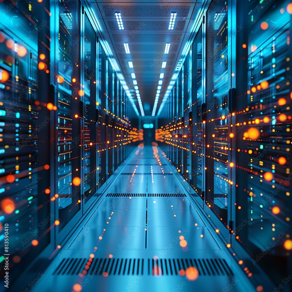 Aufkleber a high-tech data center, with rows of glowing servers for advanced compute solutions.