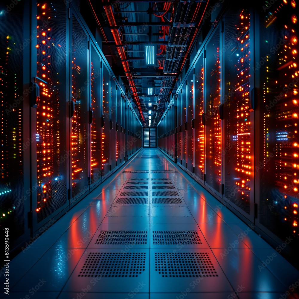 Poster a high-tech data center, with rows of glowing servers for comprehensive network management.