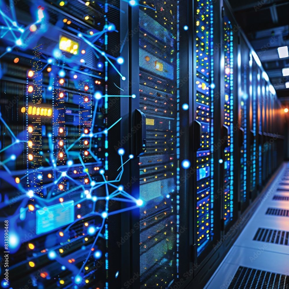 Poster a high-tech data center, with rows of glowing servers for high-performance computing.
