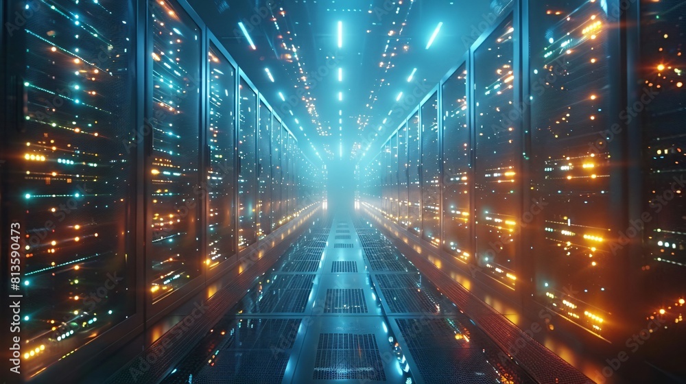 Poster a high-tech data center, with rows of glowing servers for enhanced data recovery services.