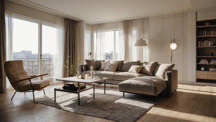 Modern room with different furniture and the bright light coming from the window 