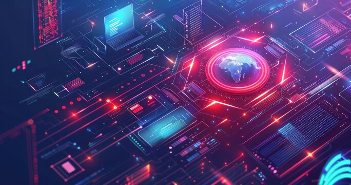 A computer screen with a red globe in the middle