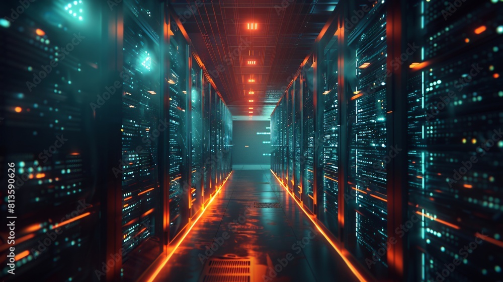 Poster a high-tech data center, with rows of glowing servers that enhance data accessibility.