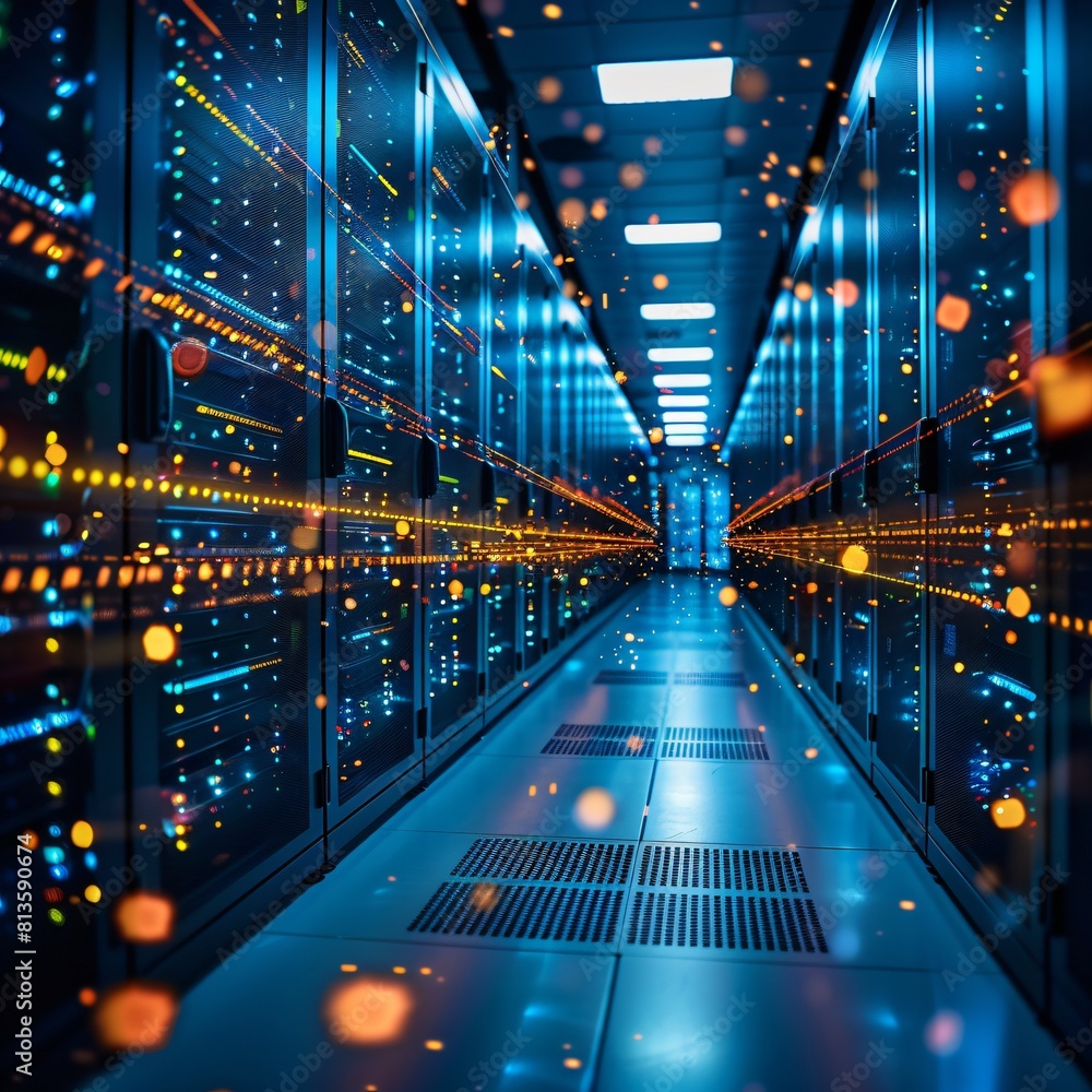 Poster a high-tech data center, with rows of glowing servers providing scalable storage options.