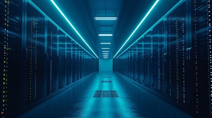 A high-tech data center, with rows of glowing servers that Foster Data-Centric Innovations.