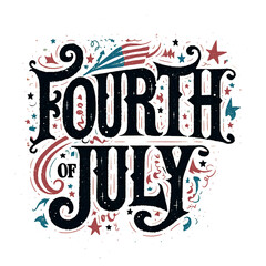 A black and white poster with the words "Fourth of July" written in a fancy font. The poster has a starburst design and is decorated with red and white colors