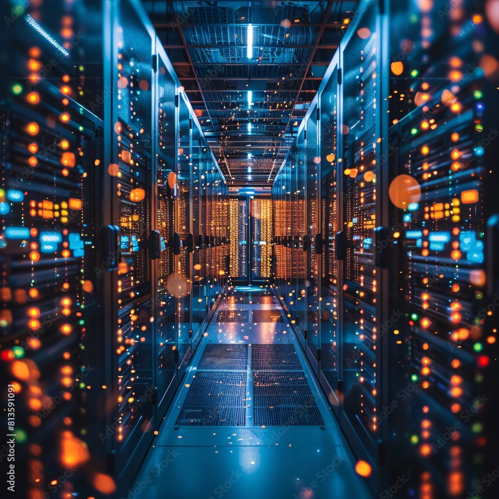 Poster a high-tech data center, with rows of glowing servers and strategic data placement.