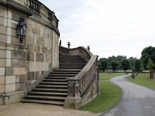 Famous staircase of Moritzburg Castle with a pathway leading to the beautiful scenery, Germany