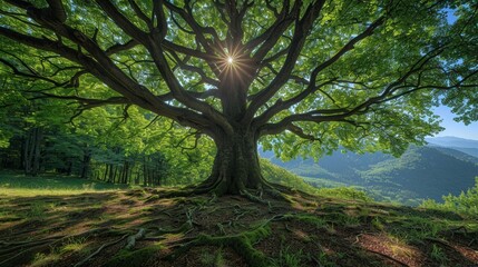 Fototapeta premium Majestic Old Beech Tree with Lush Green Leaves and Sun Rays in Serene Forest