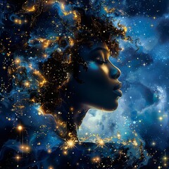 Obraz premium Twilight Serenity A digital portrait of a Black woman gazing at the stars Her hair flows in waves filled with twinkling stars and galaxies
