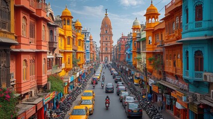 Vibrant Street View in Indian City with Colorful Buildings and Busy Traffic