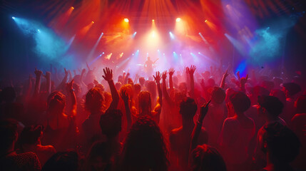 Energetic Crowd Enjoying Live Music at Summer Festival with Colorful Stage Lights