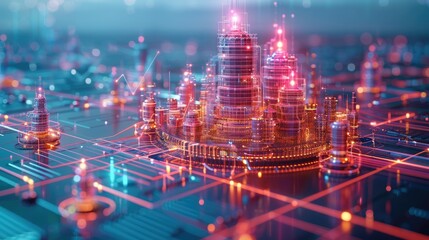 Isometric wireframe 360 sphere around futuristic oil and gas rigs on background flowing data stacked components with subsurface layering negative space white space, 3d rendering. Generative AI.