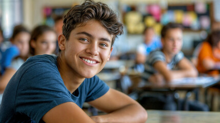 Fototapeta premium Smiling student sitting in class. Education at school and university. Male student in the audience. Process of learning and education. Teenager in class