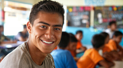 Fototapeta premium Smiling student sitting in class. Education at school and university. Male student in the audience. Process of learning and education. Teenager in class