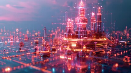 Isometric wireframe 360 sphere around futuristic oil and gas rigs on background flowing data stacked components with subsurface layering negative space white space, 3d rendering. Generative AI.