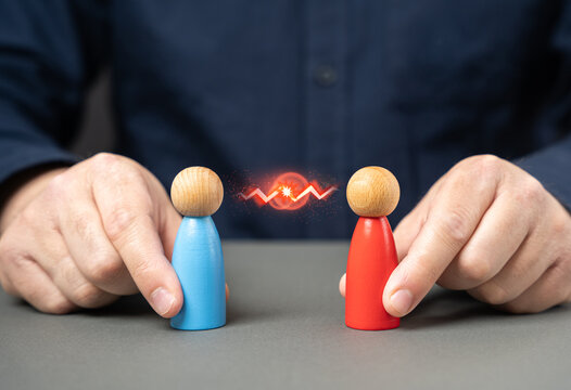 Conflict between people. Managed conflict and confrontation. Search for a compromise. Dispute resolution of opposing sides. Mediation of conflicting parties.