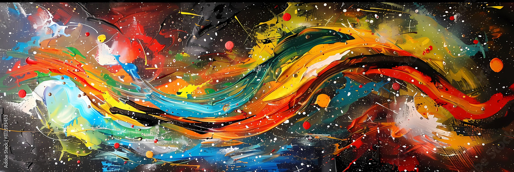 Poster abstract galactic tango painting featuring a colorful array of shapes and sizes, including a triangl