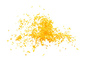Yellow Marigold petals falling romantic white background isolated with yellow marigold flower...
