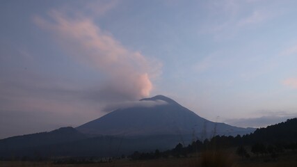 Low-angle of Popocatepeti stratovolcano in Mexico at sunset