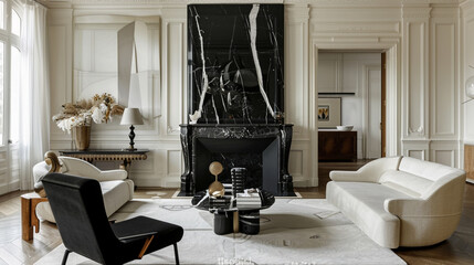Art deco living room with a striking black marble fireplace and symmetrical decor.