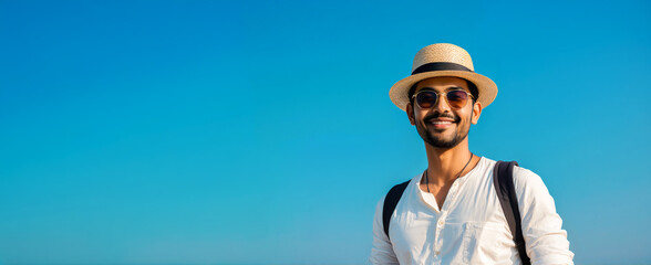 Happy Indian Male Traveler Wears a Beach Hat Against Blue Backdrop. Travel Concept.