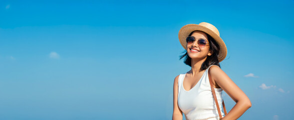 Happy Young Indian Tourist Female Wears a Beach Hat Against Blue Sky. Travel Concept.