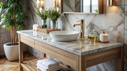 Close-up view of a countertop in a modern, stylish bathroom.