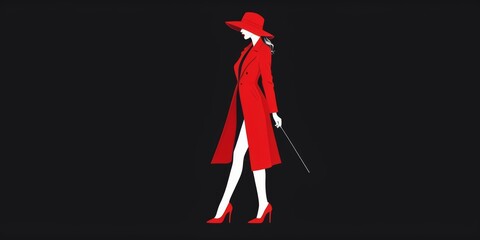 minimalist white line art of woman with red hat and coat