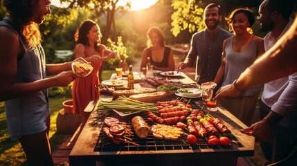 a group of people preparing a barbecue in nature, frying vegetables on the grill - Powered by Adobe
