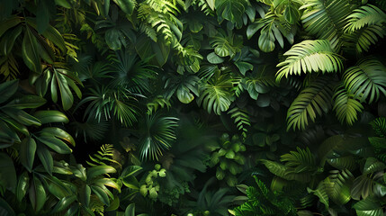 abstract jungle canopy featuring lush green foliage and a towering tree
