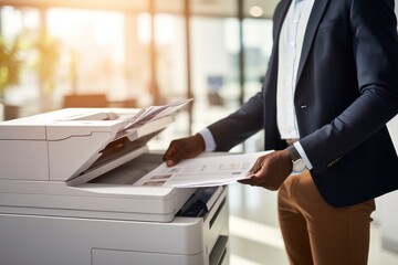Business man using a copy machine or printer to print documents in the office, close-up
