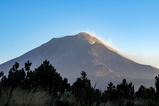 Popocatepetl volcano in mexico at sunset