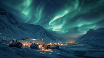 The aurora borealis swoops and sways in the frozen Arctic night sky, small town houses covered with snow, snowy mountains. Generative AI. - Powered by Adobe