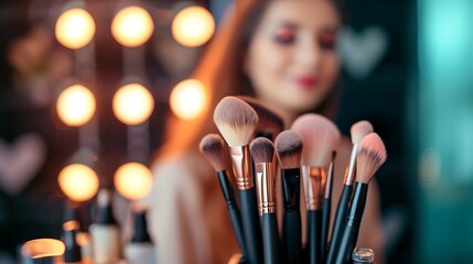 Female Artist Portrait with Makeup Tools, Female artist, portrait, makeup tools