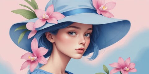 Beautiful woman wearing blue hat Art