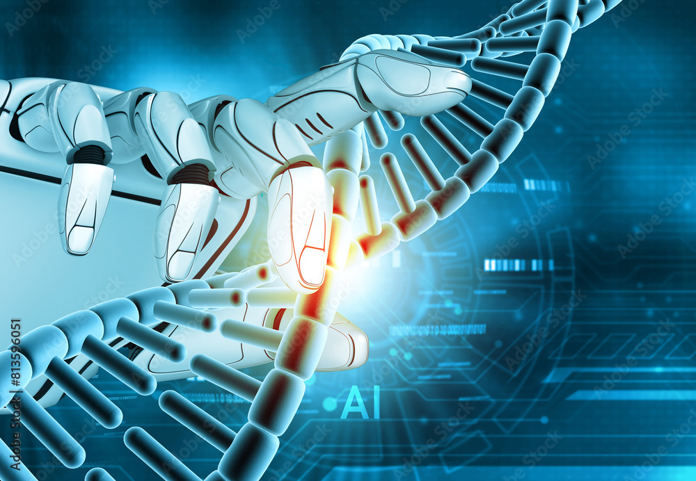 Wall mural robotic hand touch a dna strand. 3d illustration.