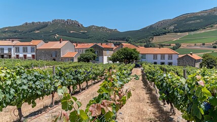 A charming village nestled in a valley, surrounded by rolling hills and vineyards, a picturesque scene of rural life