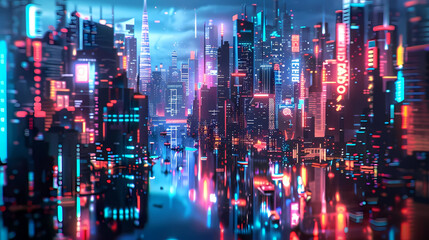 abstract neon cityscape featuring a towering skyscraper, a bustling street with colorful lights, and a serene river flowing through the center