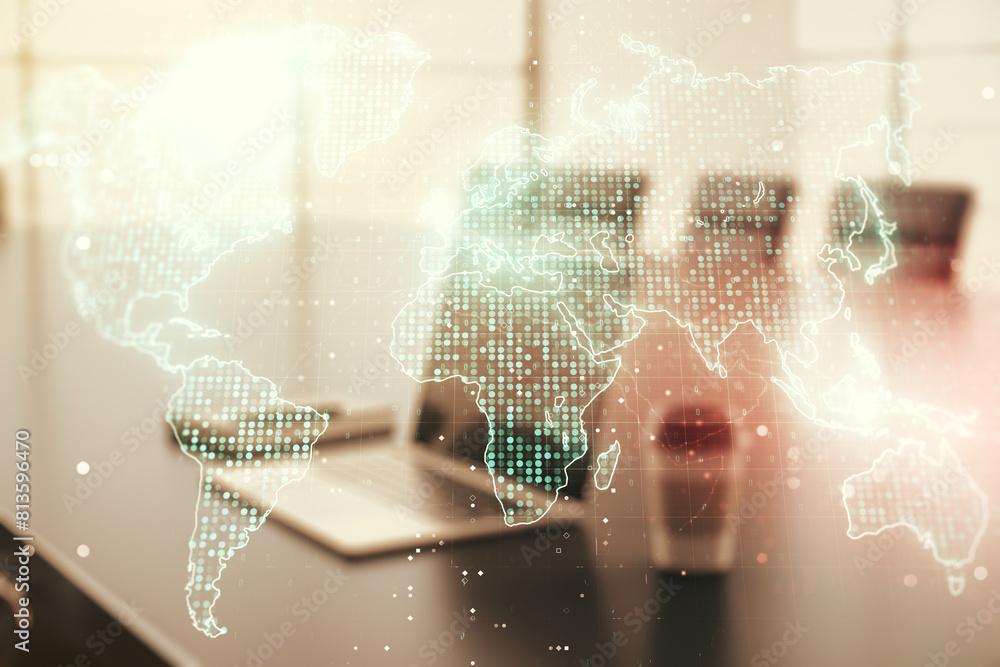 Leinwandbilder multi exposure of abstract graphic world map on computer background, connection and communication co