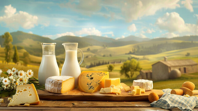 Cheeses and milk on a wooden surface with scanic landscape and farm